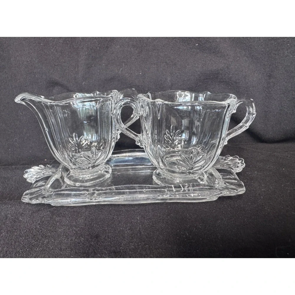 Vintage Clear Pressed Glass Creamer Sugar Set with Rectangular Tray 3 Piece